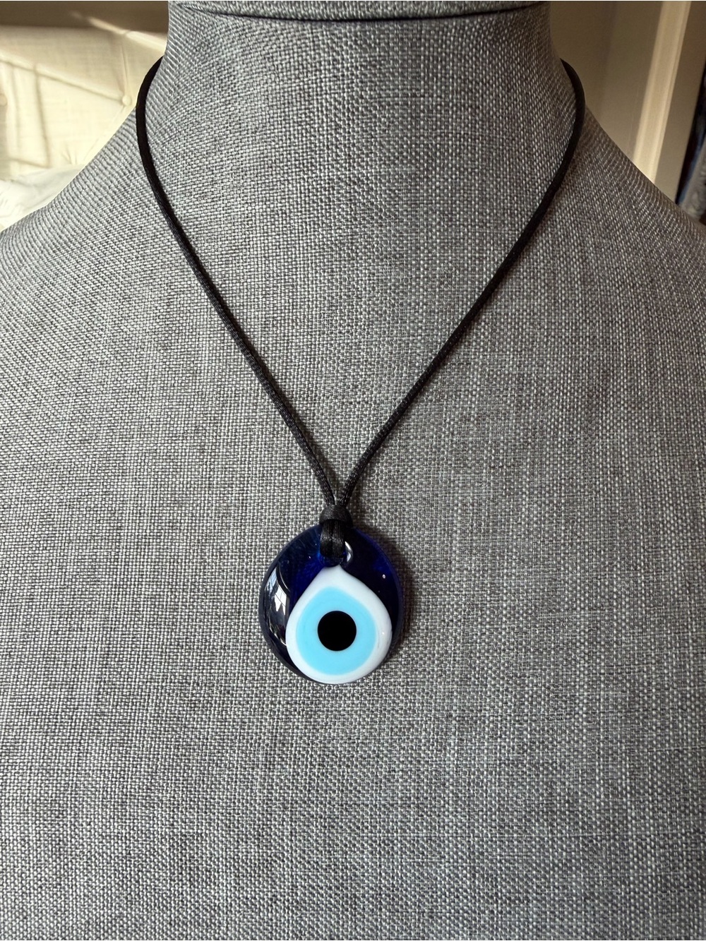 Handmade Blue Evil Eye Glass Pendant Necklace on Black Cord
